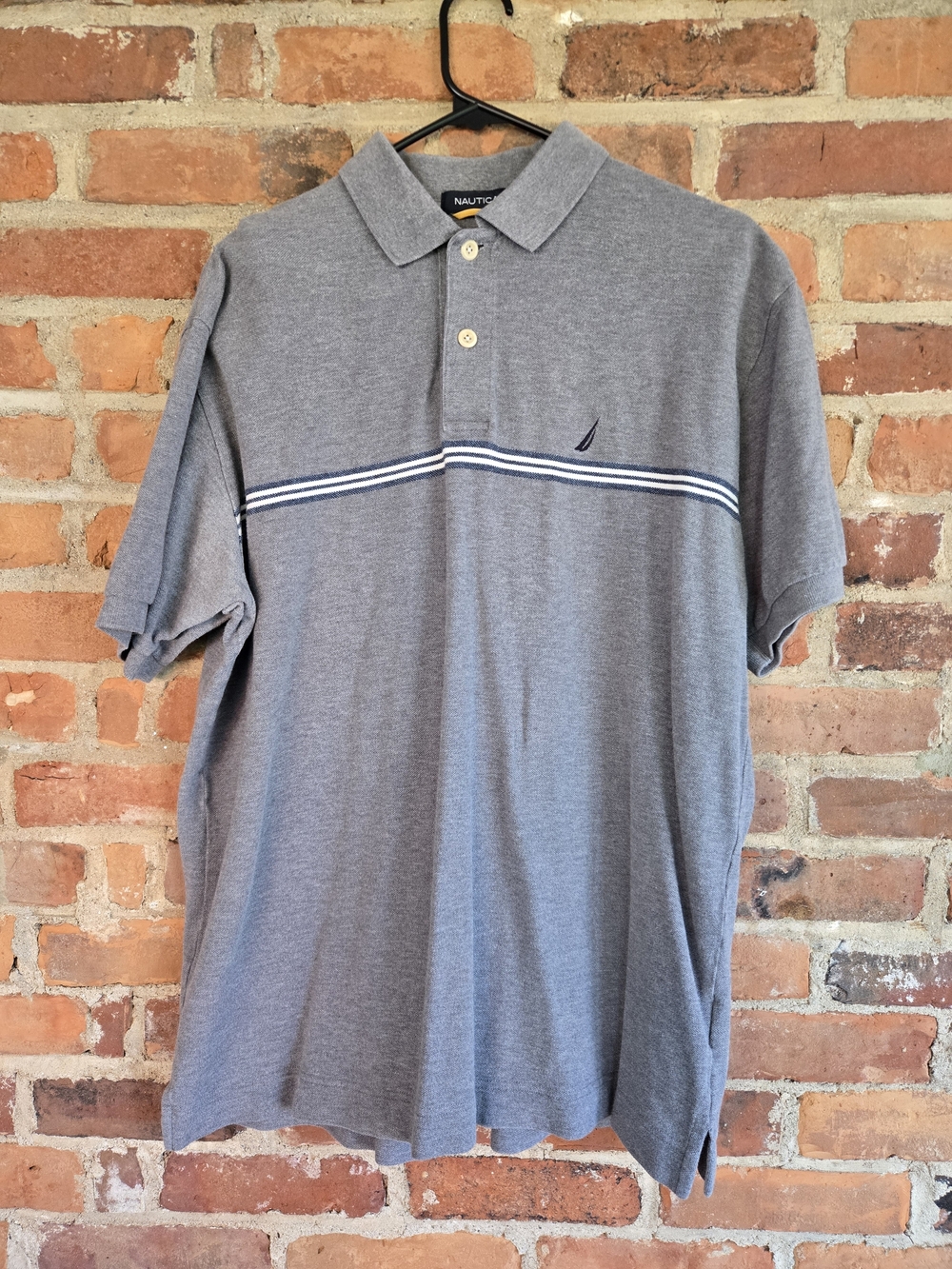 Nautica Men's Gray Polo with Navy and White Stripe